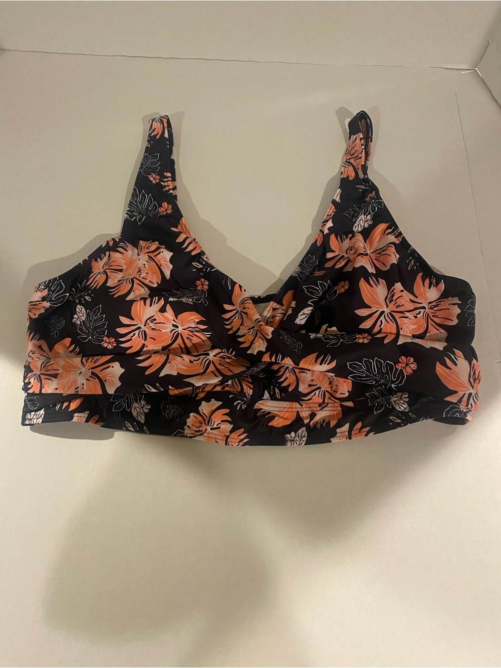 Floral V-Neck Black & Peach Bikini Top